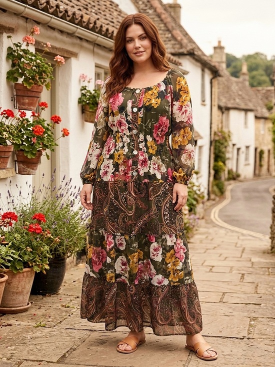 Hope Springs Dresses & Skirts - Olive Floral Tiered Maxi Dress with Pink & Yellow Blooms